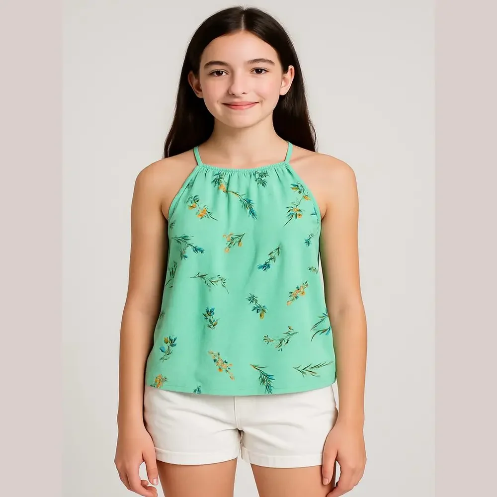 Bailey Lane Green Floral Ruffle Criss Cross Back Tank Top Medium 8-10